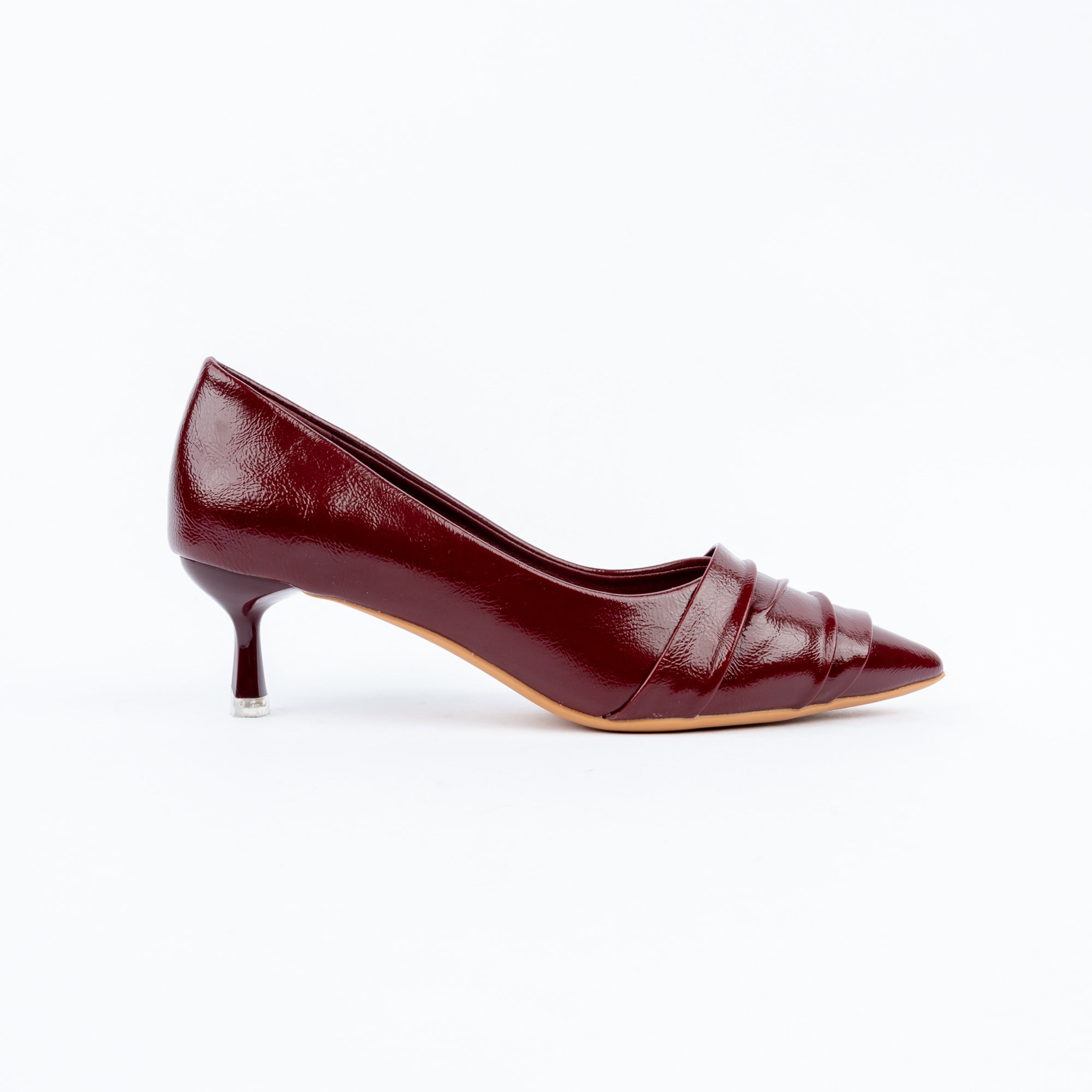 Maroon pumps for women with cushioned footbed, side view