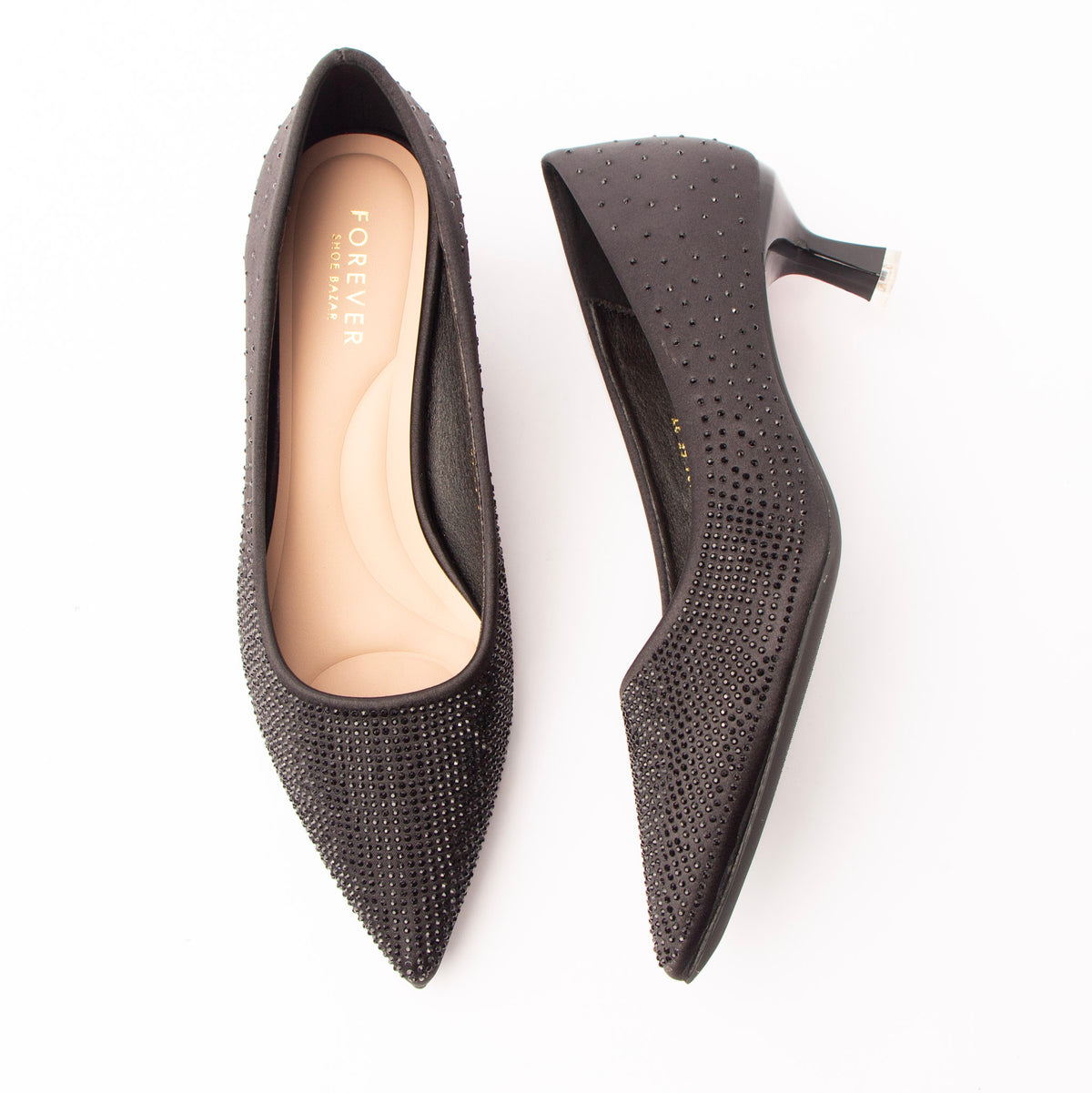 Black crystal kitten heel pumps for women with a cushioned footbed