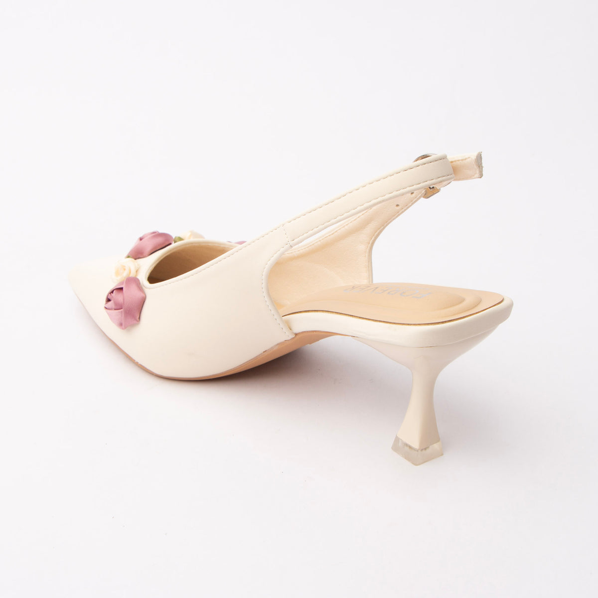 Beige rosette slingback pumps for women with cushioned footbed, side view