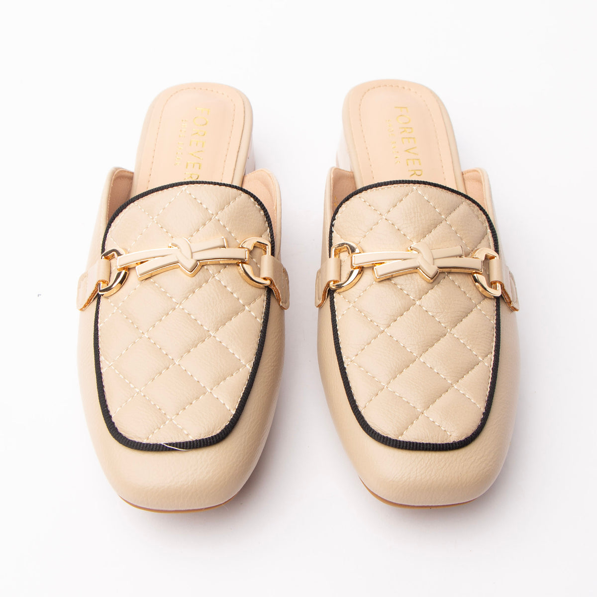 Khaki quilted loafer mules styled for everyday wear