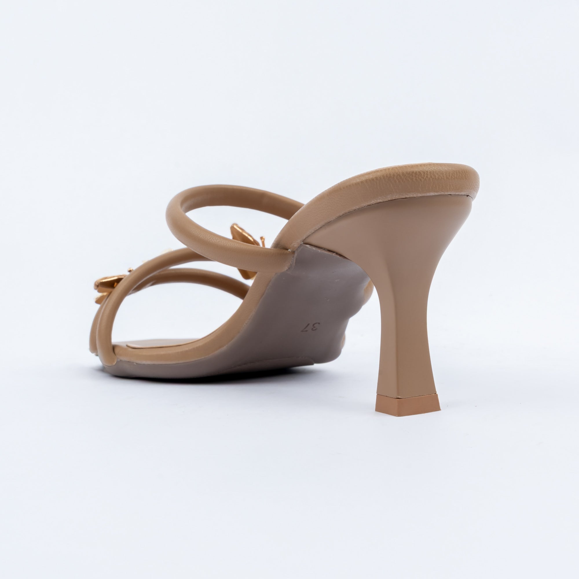 Beige slim heel mules for women with cushioned footbed, side view