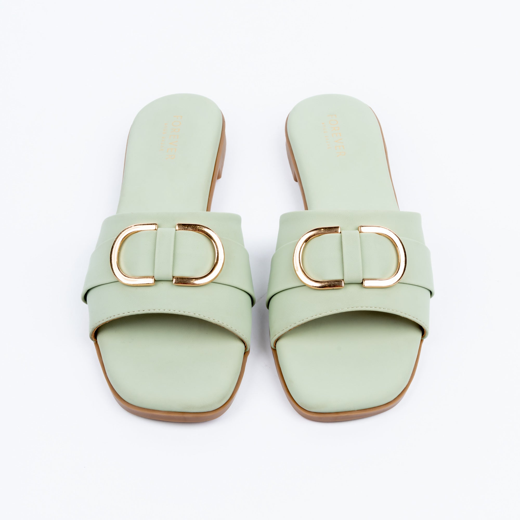 Sea Green buckle ballet flats for women, gold ring buckle detail