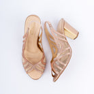Champagne peep toe heels for women, swirling crystal-pave bands laid over sheer mesh cut-outs, joined to a shimmer elastic slingback, above a block heel finished with a polished gold plate at its top edge