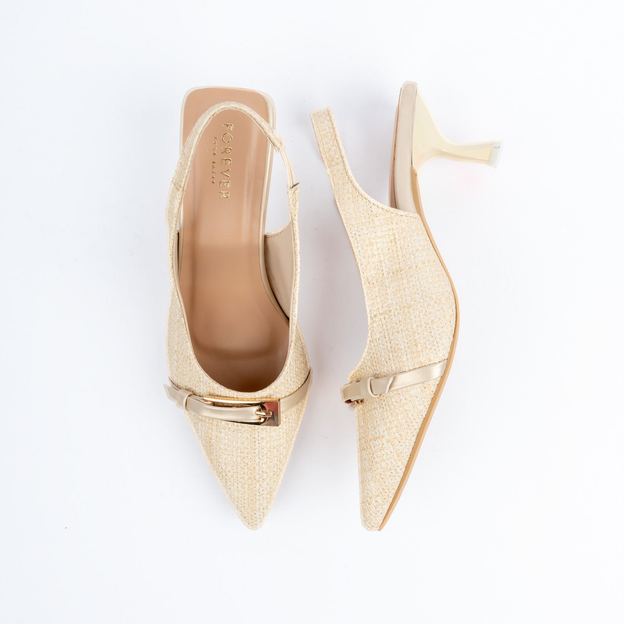 Beige pumps for women, a natural raffia-weave upper crossed by a slim patent vamp strap topped with an elongated gold buckle bar, an elasticated woven slingback, and a flared spool heel