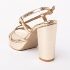 Gold block heel sandals for women with cushioned footbed, side view