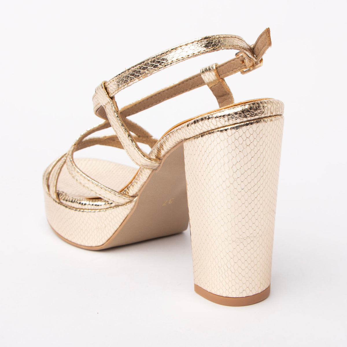 Gold block heel sandals for women with cushioned footbed, side view