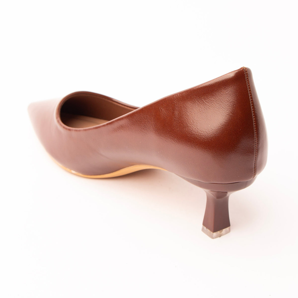 Brown pointed court shoes for women, back view showing the heel