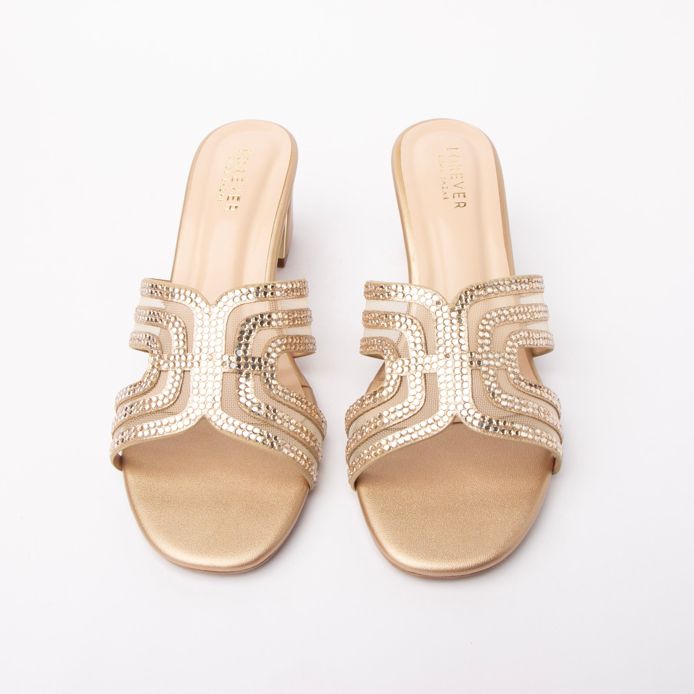 Gold block heel mules for women – Forever Shoe Bazar