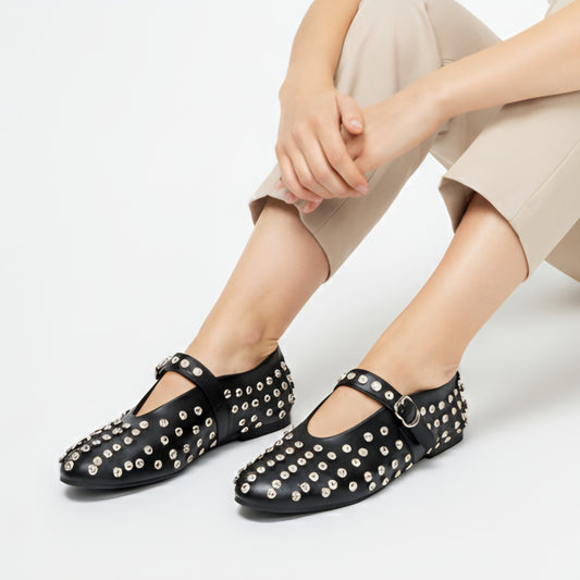 The Glam Studded - Black Flat Ballerinas