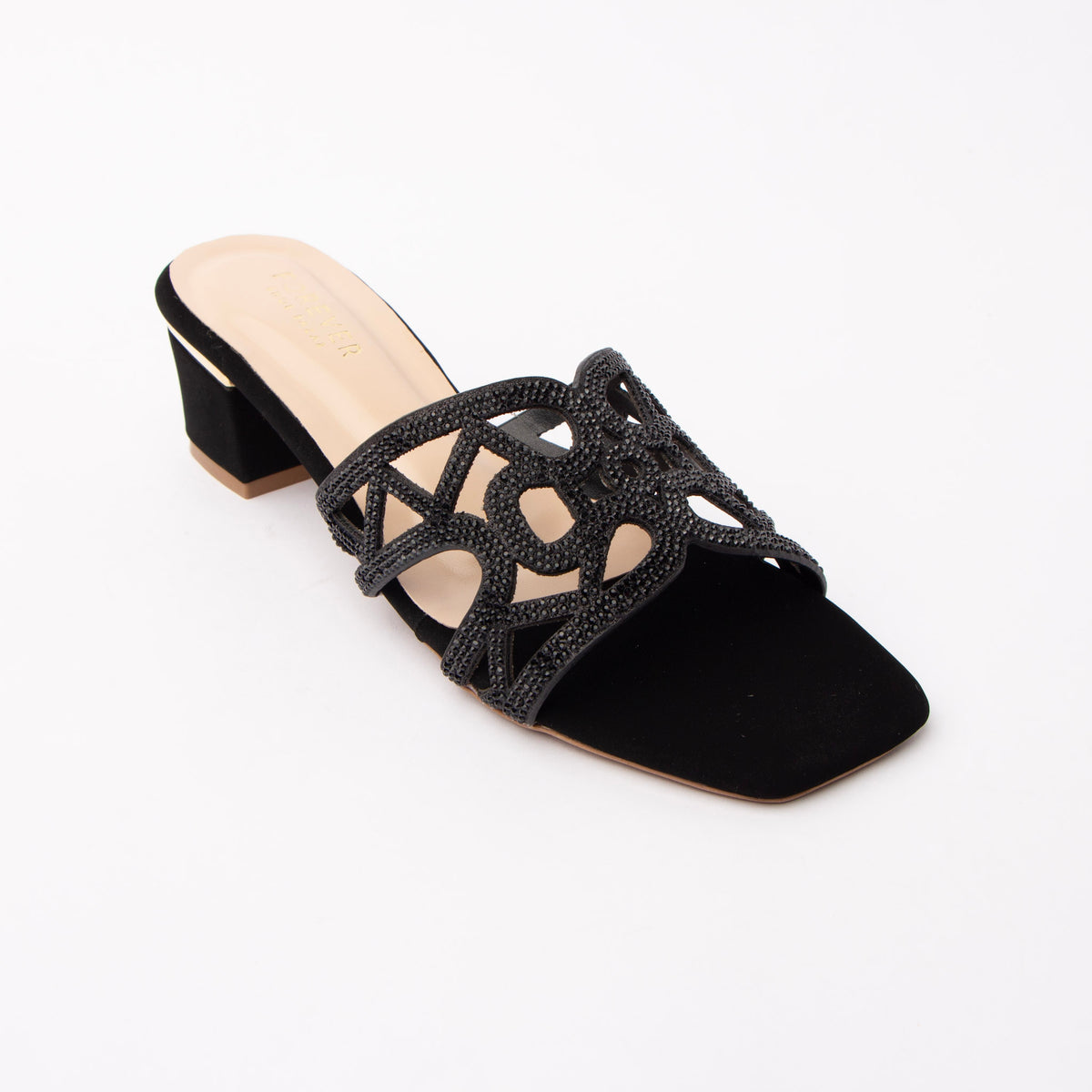 Black cut out block heel mules styled for party wear