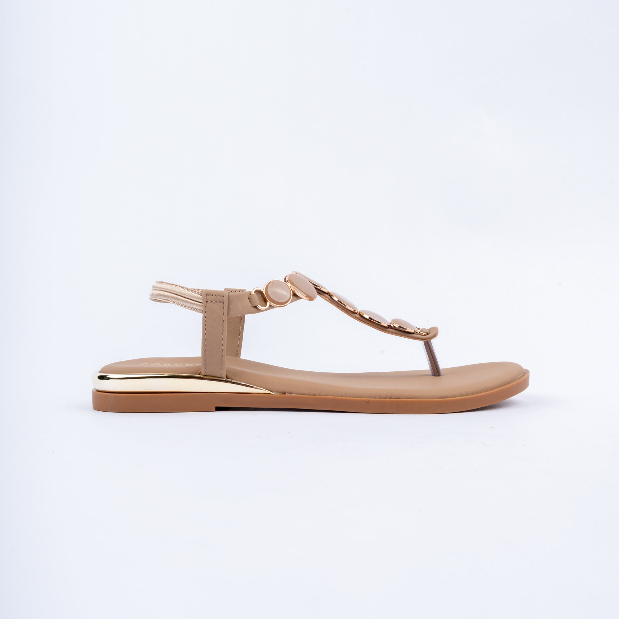 Beige flat sandals for women with cushioned footbed, side view