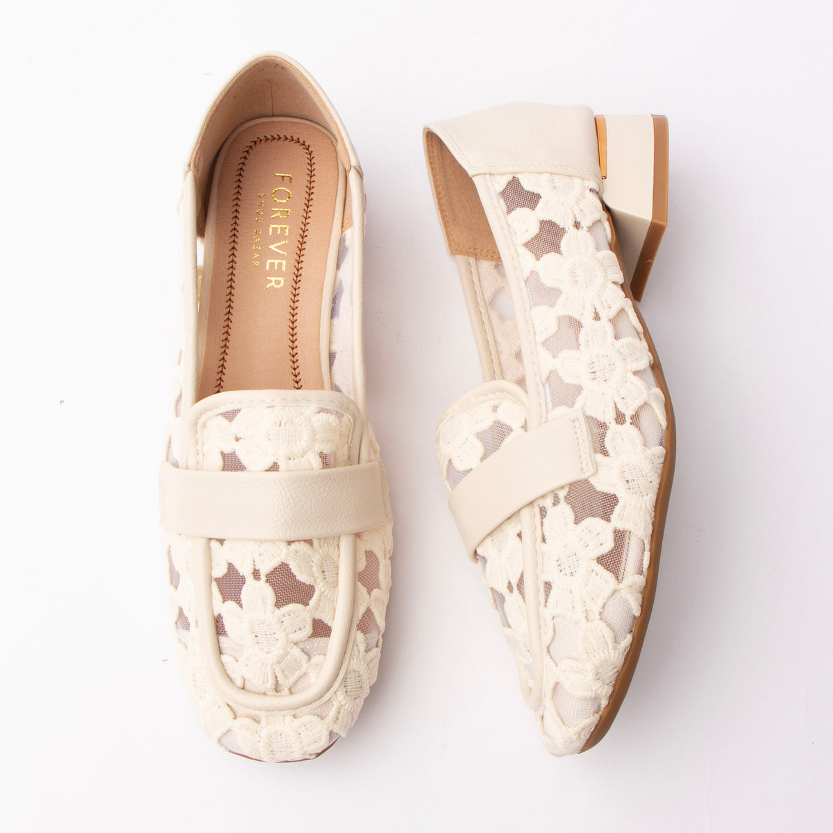Beige lace loafers styled for everyday wear