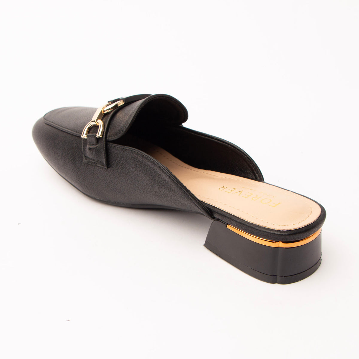 Black horsebit loafer mules for women, back view showing the heel