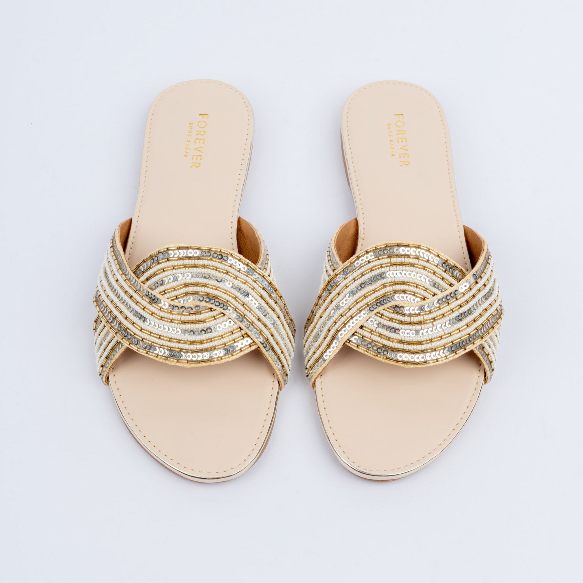 Gold metallic party flats for women, criss-cross metallic upper