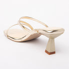Gold kitten heel mules for women with cushioned footbed, side view