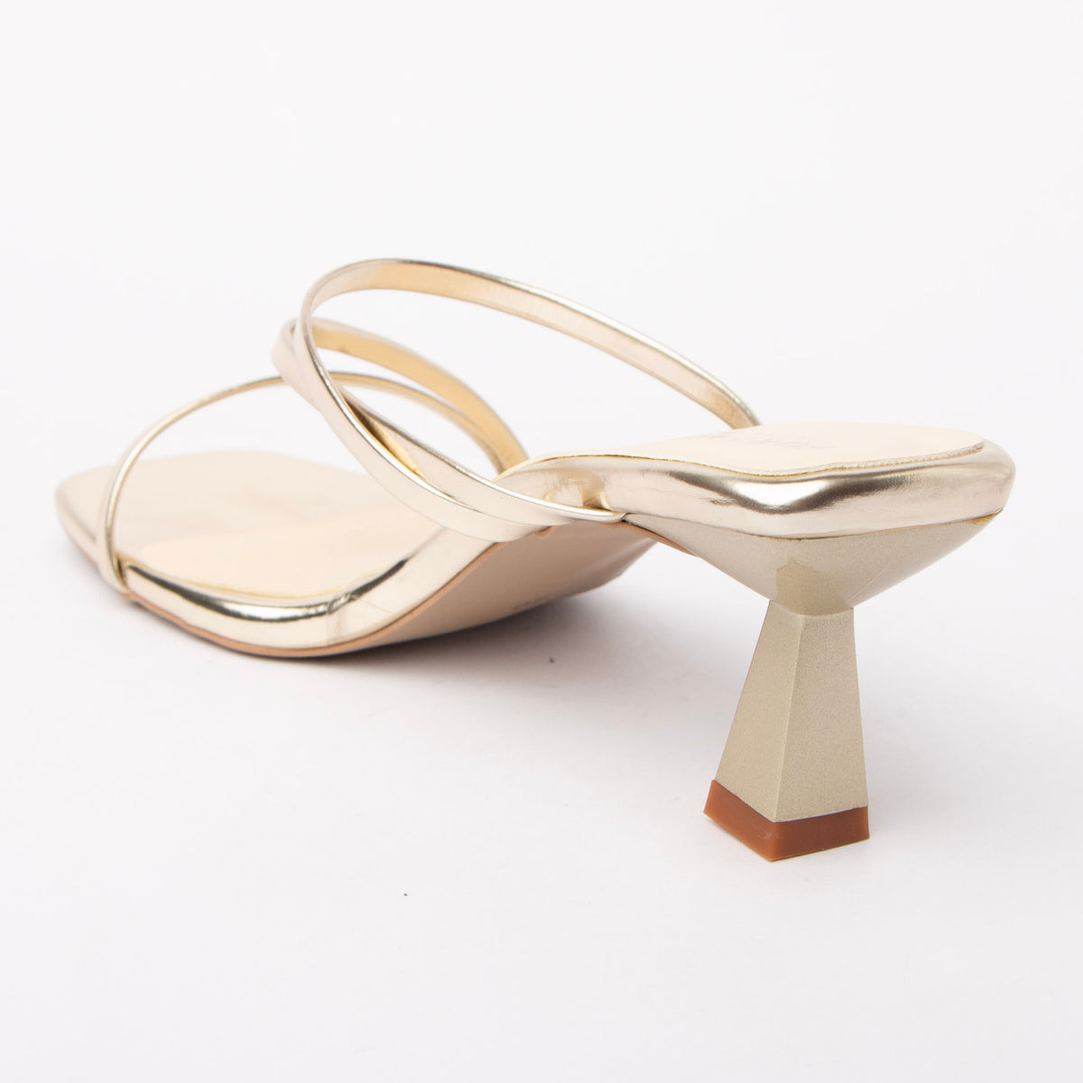 Gold kitten heel mules for women with cushioned footbed, side view