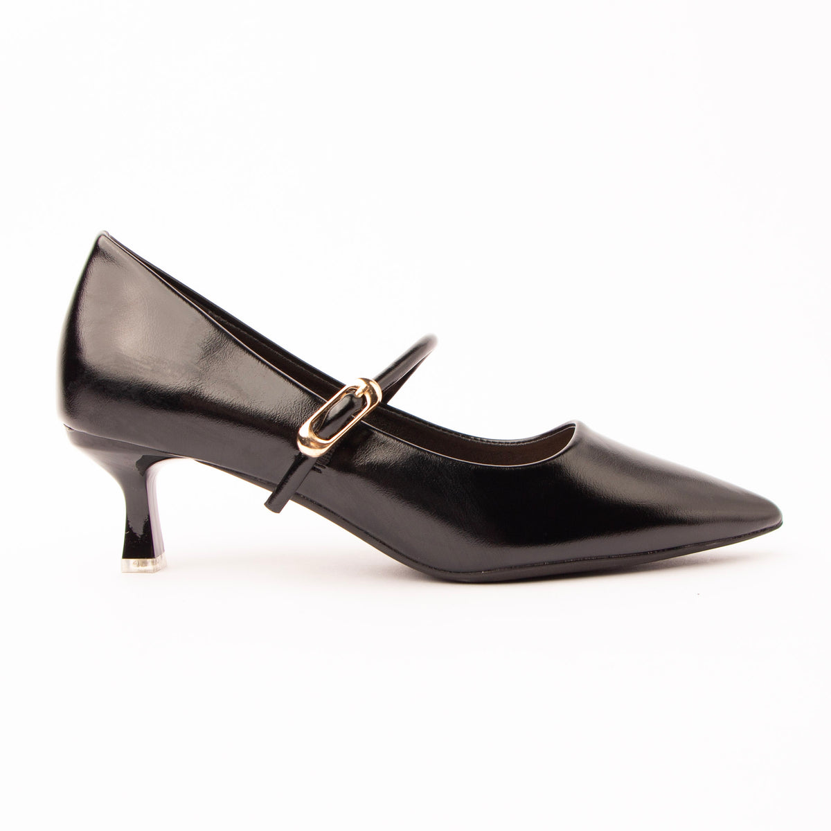 Black mary jane kitten heels for women, a black Mary Jane with an almost liquid gloss and a long sharply pointed toe, a narrow instep strap through a slim gold buckle, on a lacquered flared spool heel tipped with a clear block