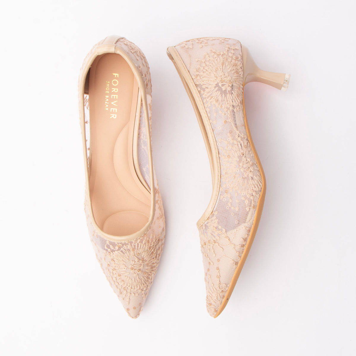 Khaki embroidered mesh pumps for women, warm beige floral embroidery and fine tonal sequins spread across a sheer mesh upper, finished with matching nude piping at the topline, a flared kitten heel and a padded beige footbed