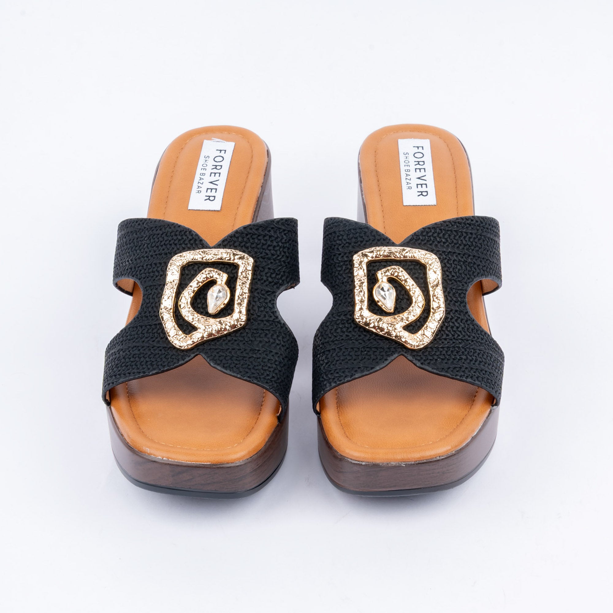 Black platform heel mules styled for casual wear