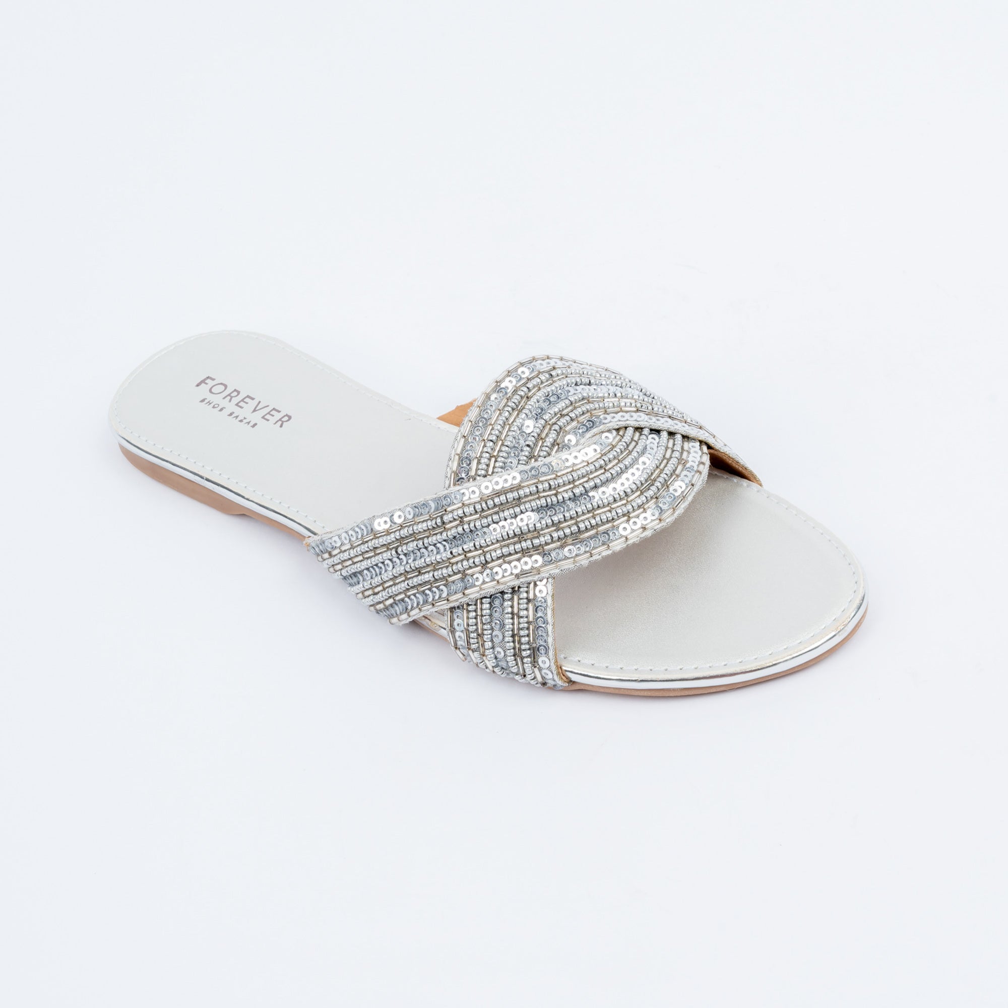 Silver metallic party flats for women, criss-cross metallic upper