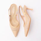 Khaki pumps for women, both shoes laid flat
