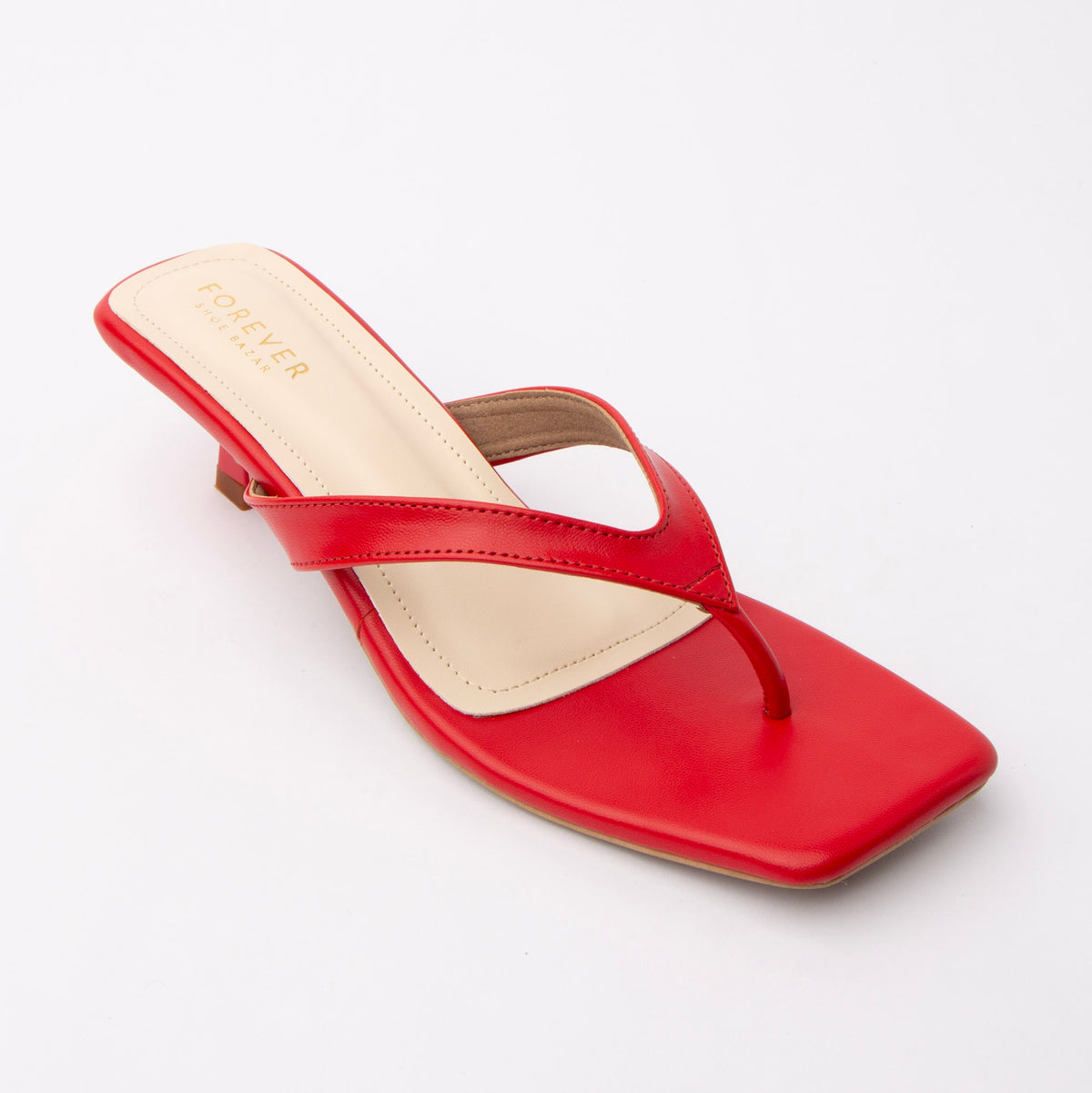 Red toe-post kitten heel mules for women, three-quarter view