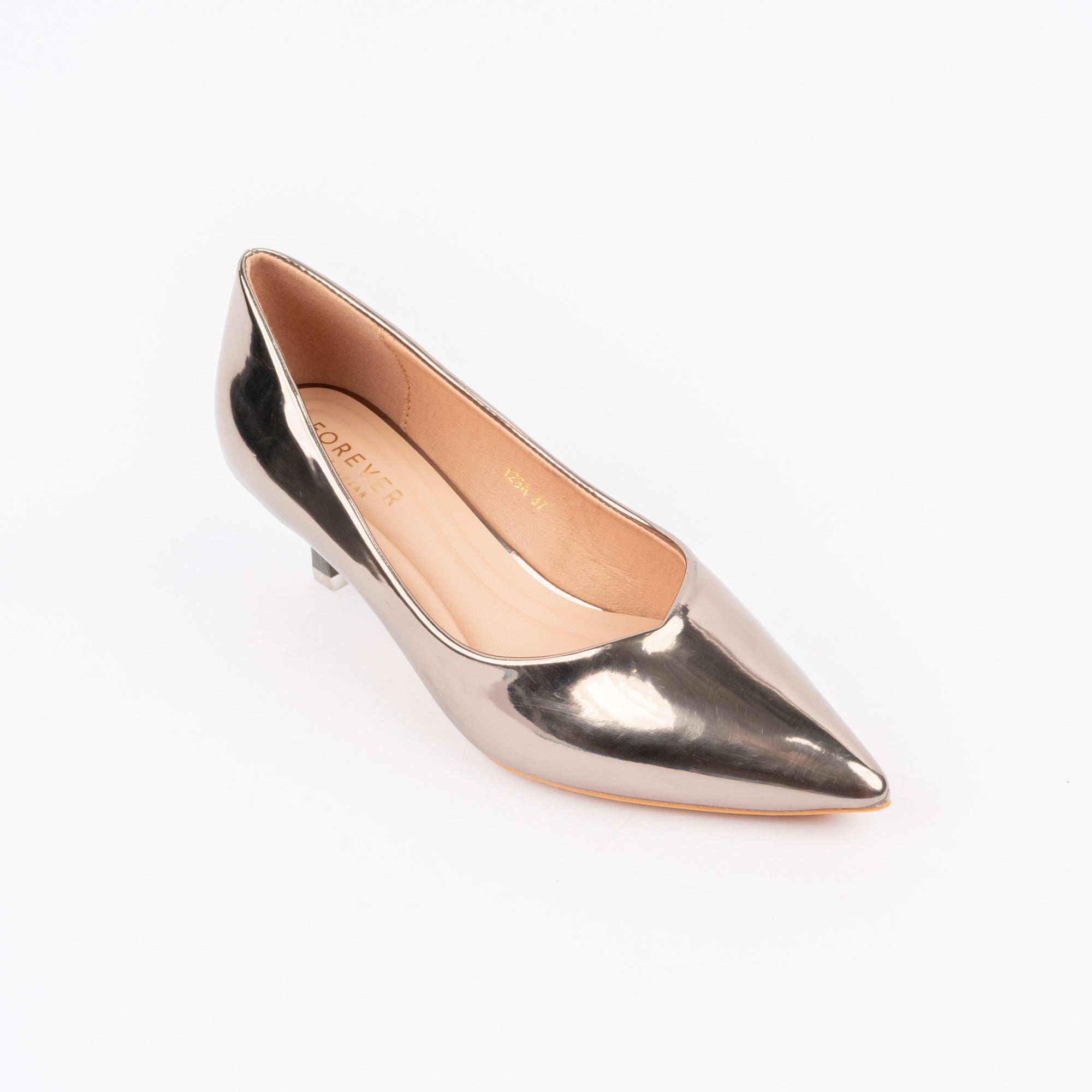 Grey pumps for women with cushioned footbed, side view