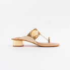 Gold block heel sandals for women, pearl and gold beadwork across a toe-ring band