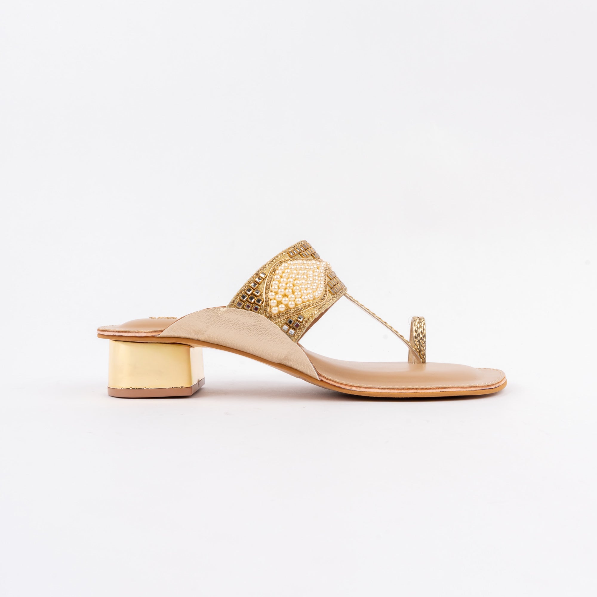 Gold block heel sandals for women, pearl and gold beadwork across a toe-ring band