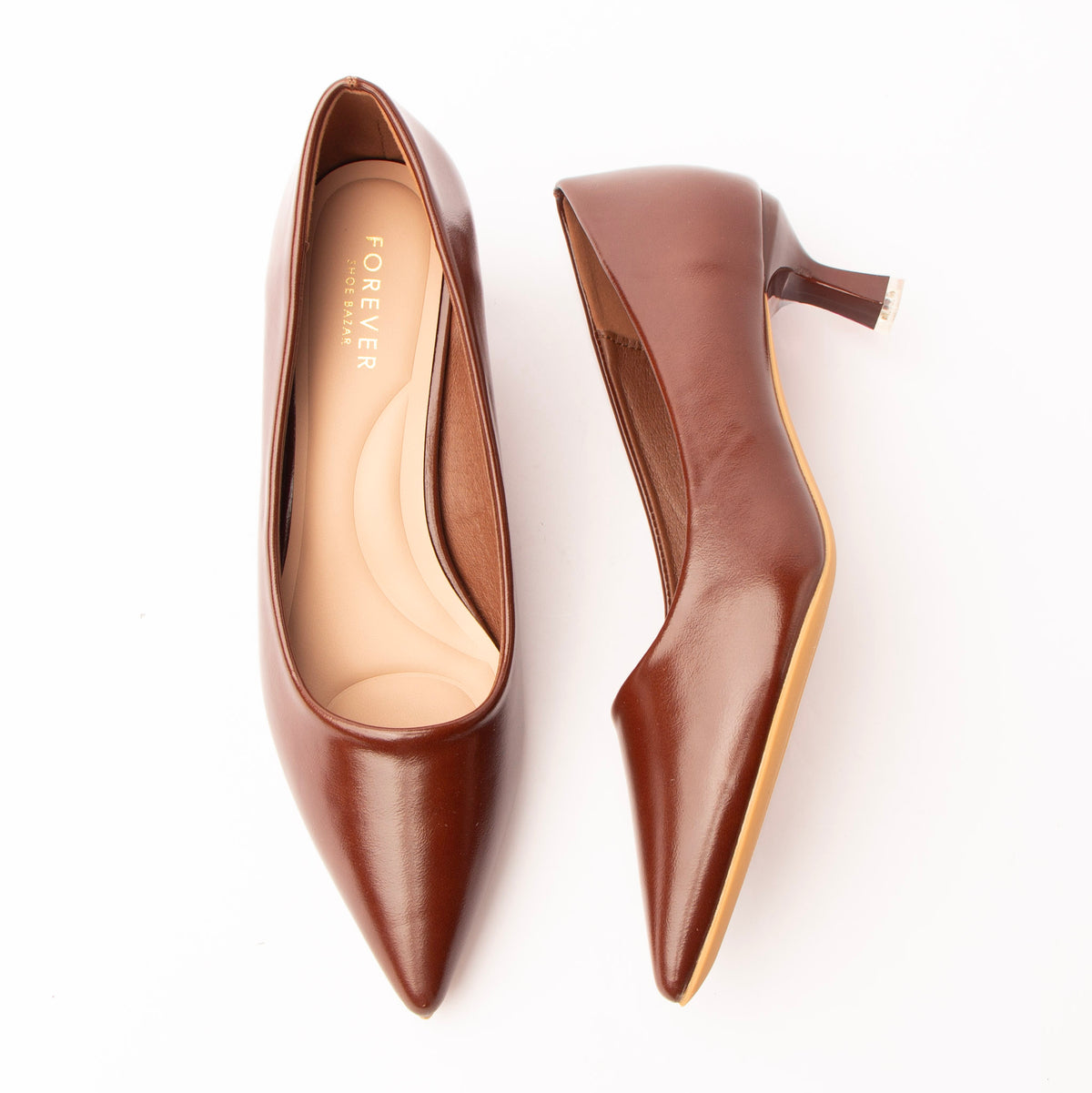 Brown pointed court shoes for women with a cushioned footbed
