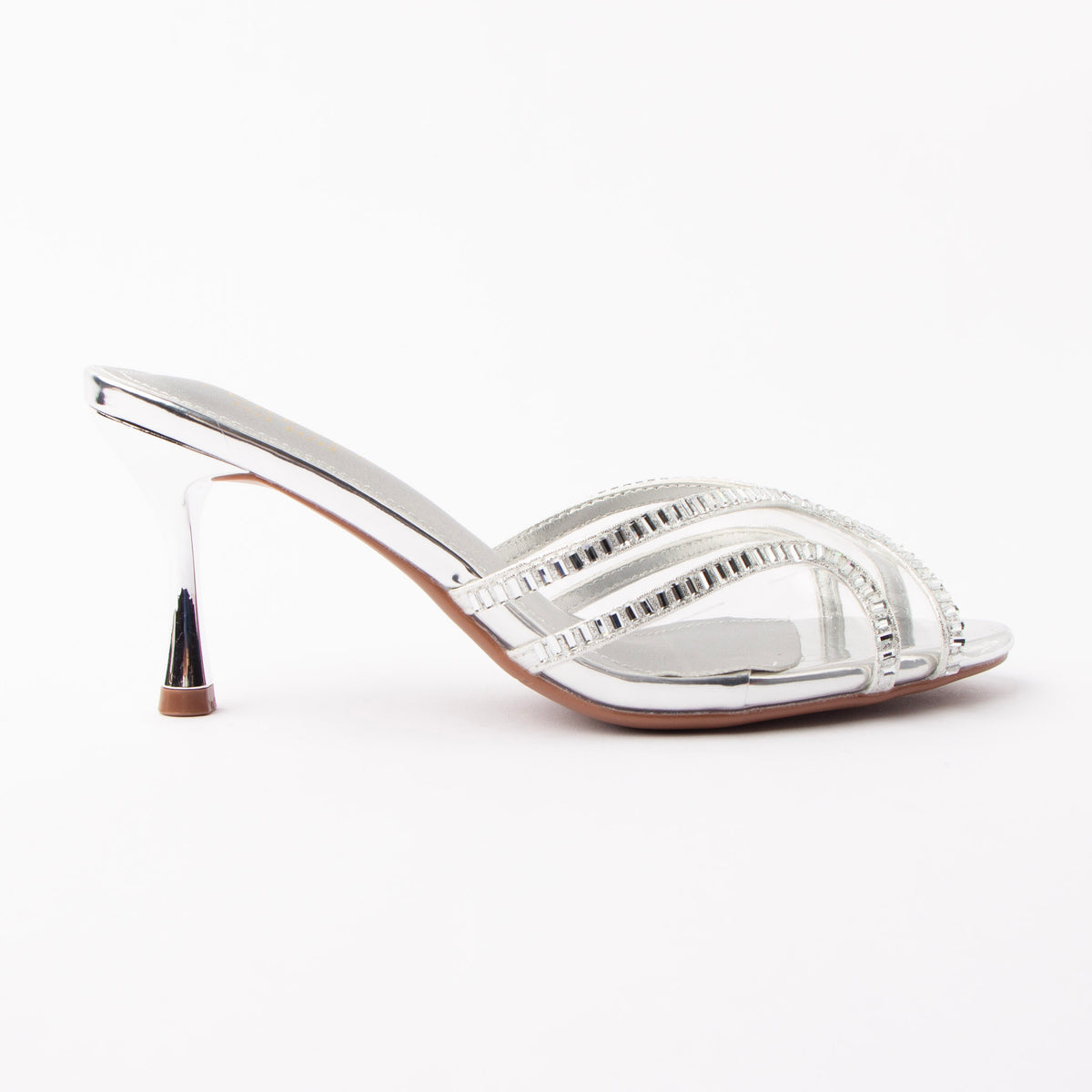 Silver mules for women, side view