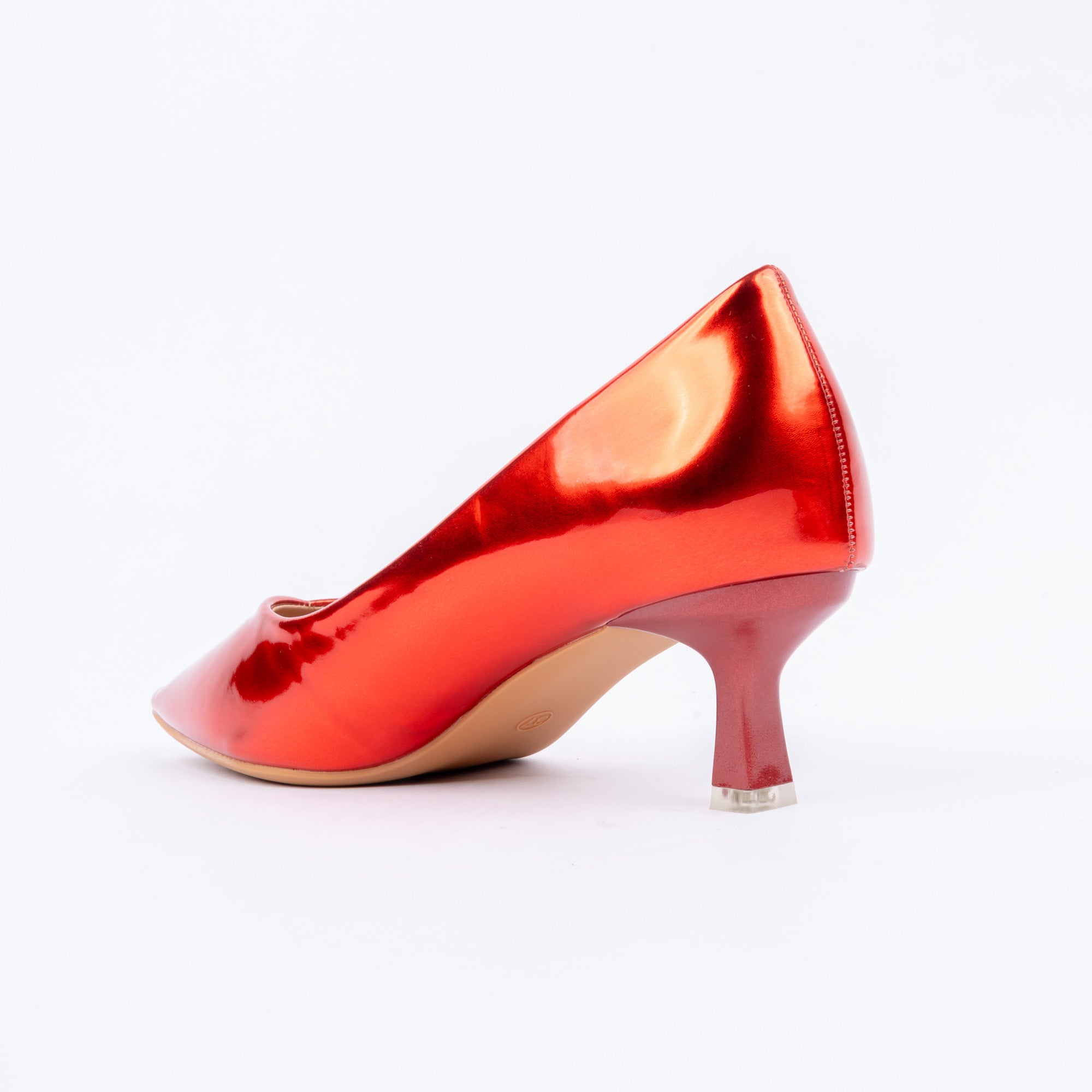 Red pumps for women with cushioned footbed, side view