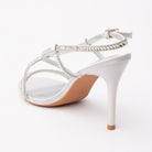 Silver sandals for women, back view showing the heel