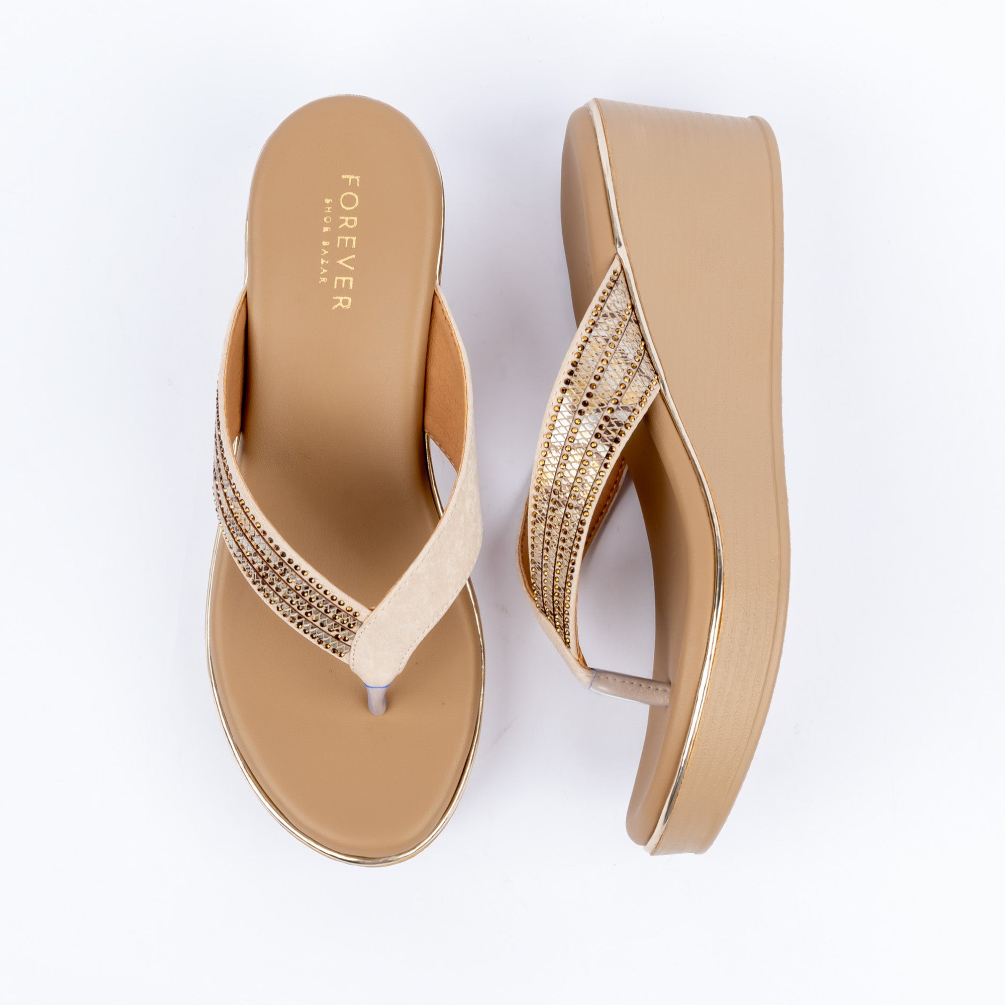 Beige platform heel sandals for women, close-set rows of tiny stones along a toe-post V-strap