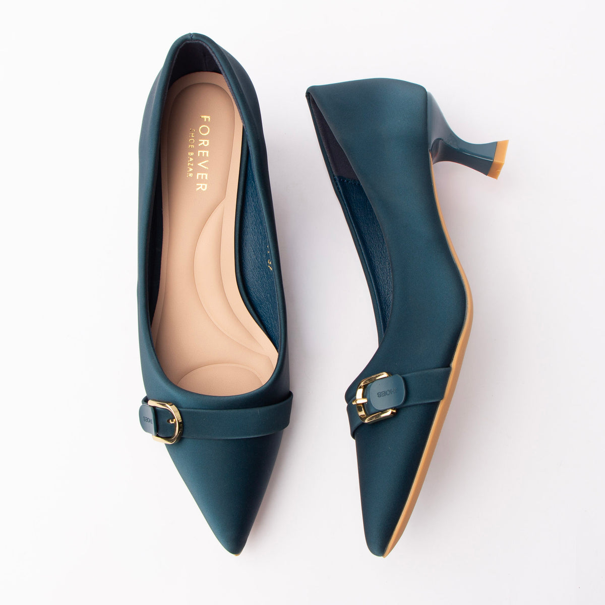 Blue buckle kitten heels for women with a cushioned footbed