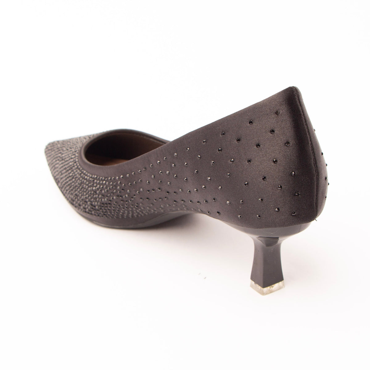 Black crystal kitten heel pumps for women, back view showing the heel