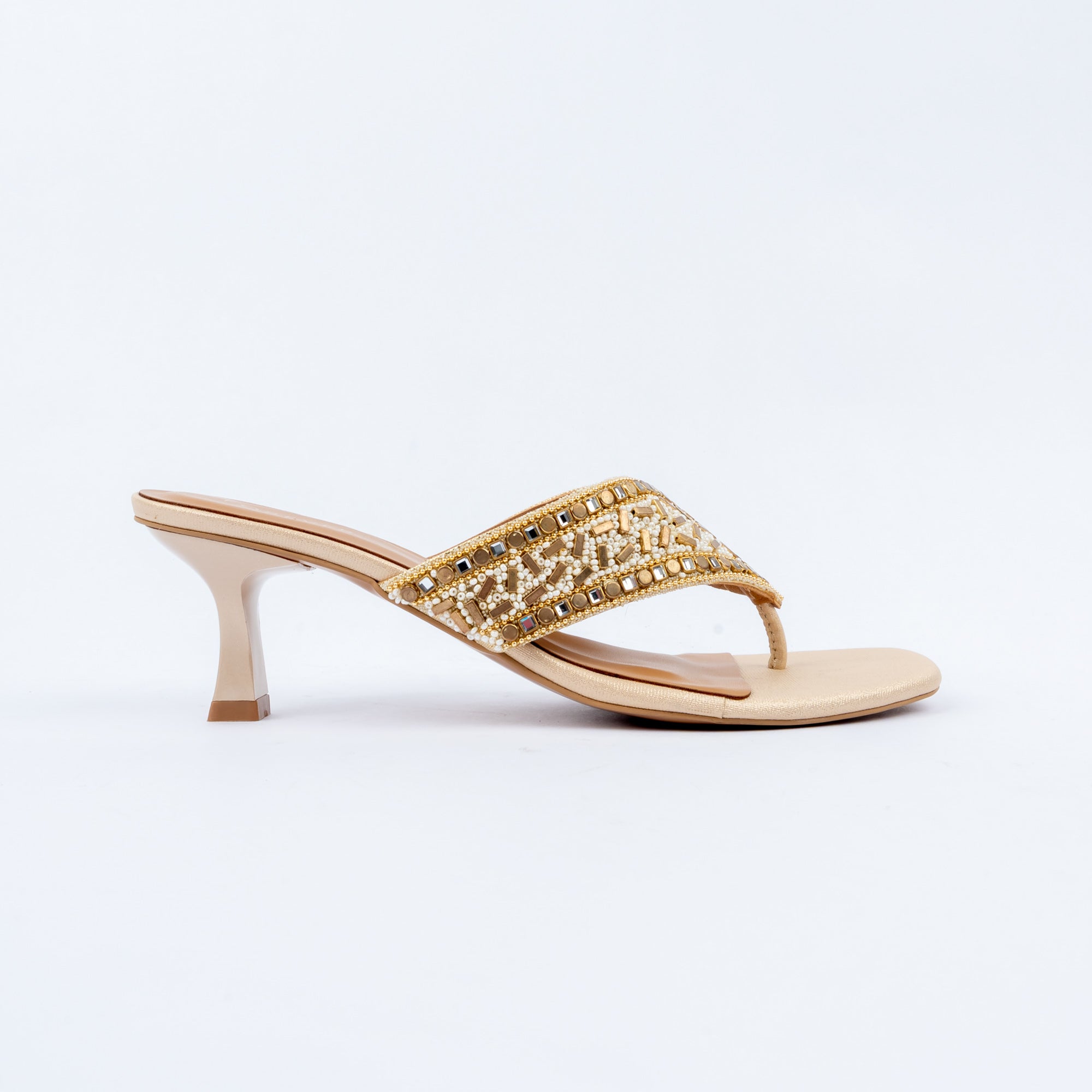 Gold slim heel mules for women with cushioned footbed, side view