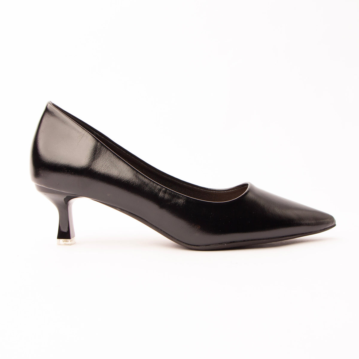 Black pointed court shoes for women, a high-shine jet black pointed court in near-patent finish with an unbroken vamp and a low V at the topline, on a sculpted kitten heel capped in silver-tone metal