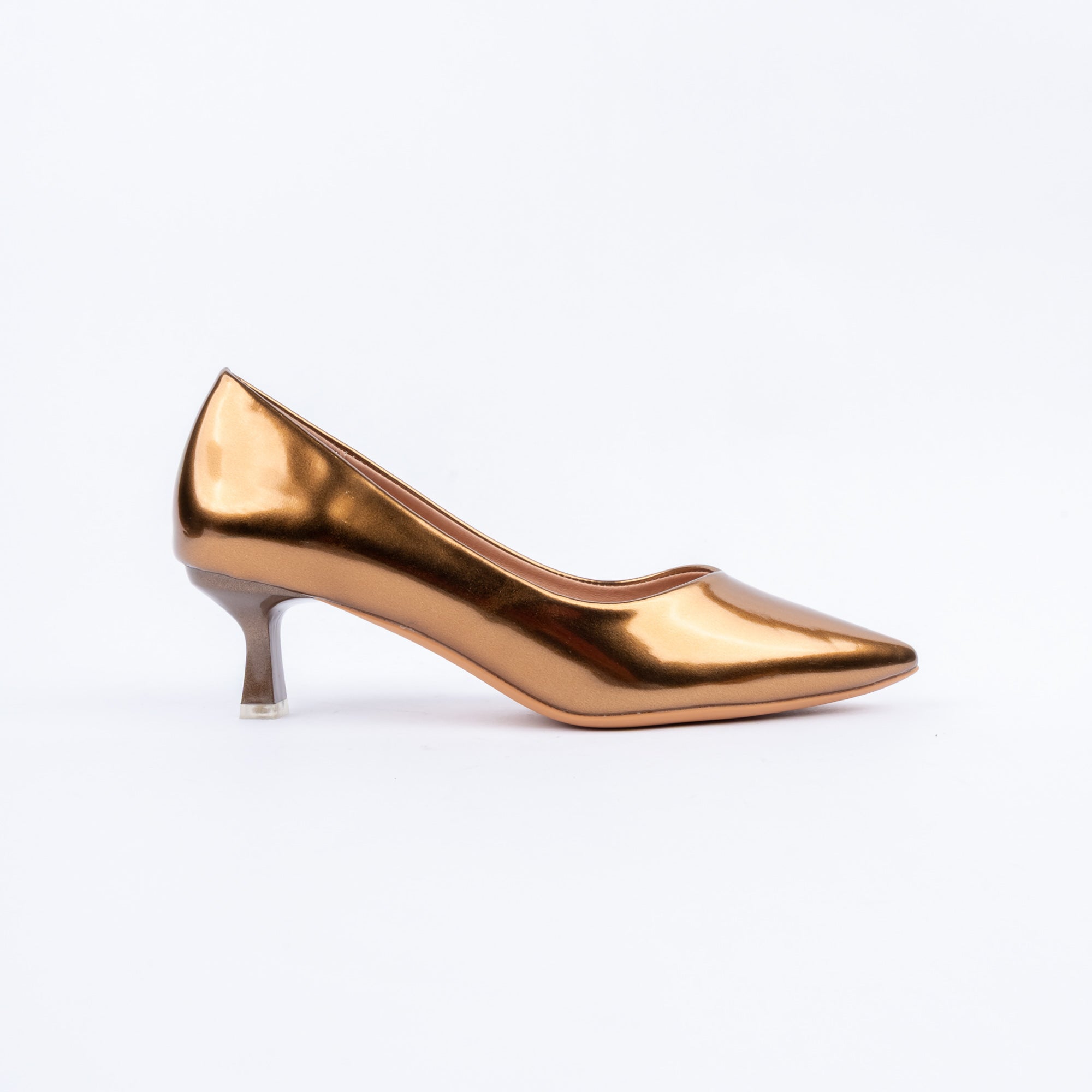 Brown pumps for women, a mirror-bright patent upper with a low V-cut topline and sharply tapered point, on a smoked translucent flared spool heel