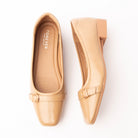 Khaki buckle ballerinas styled for everyday wear