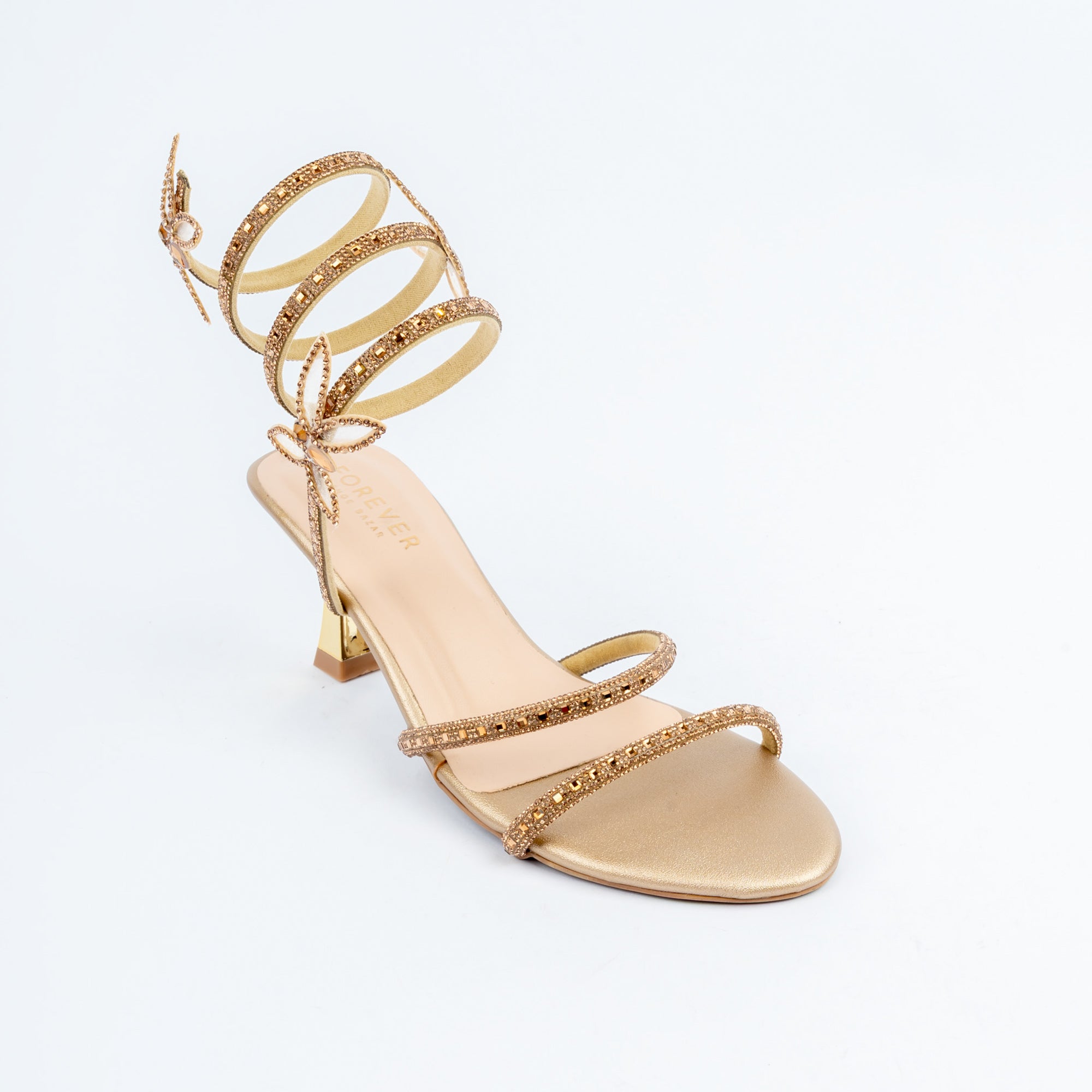Gold block heel sandals for women with cushioned footbed, side view