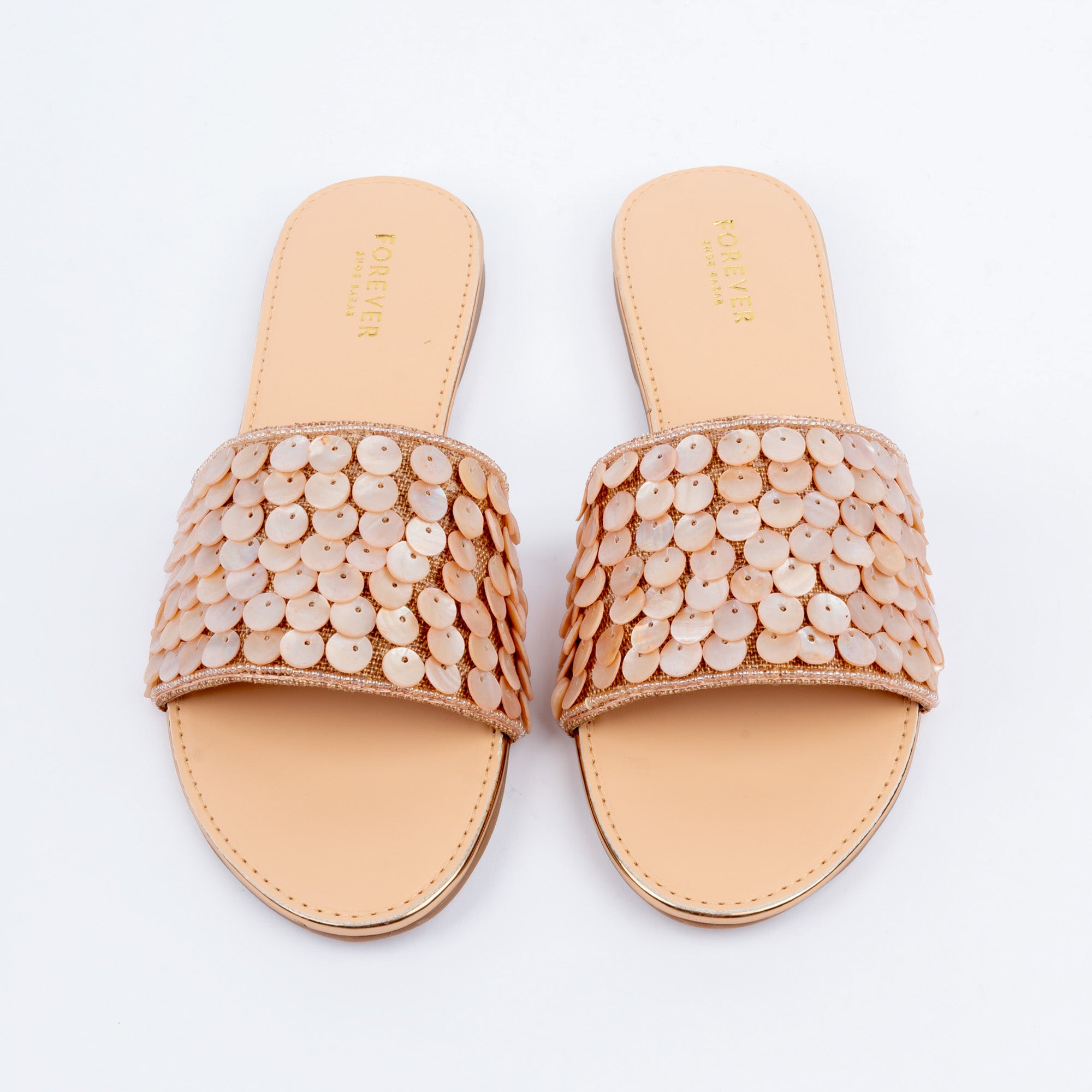 Champagne floral embellished flats for women, petal-like shell strap detailing