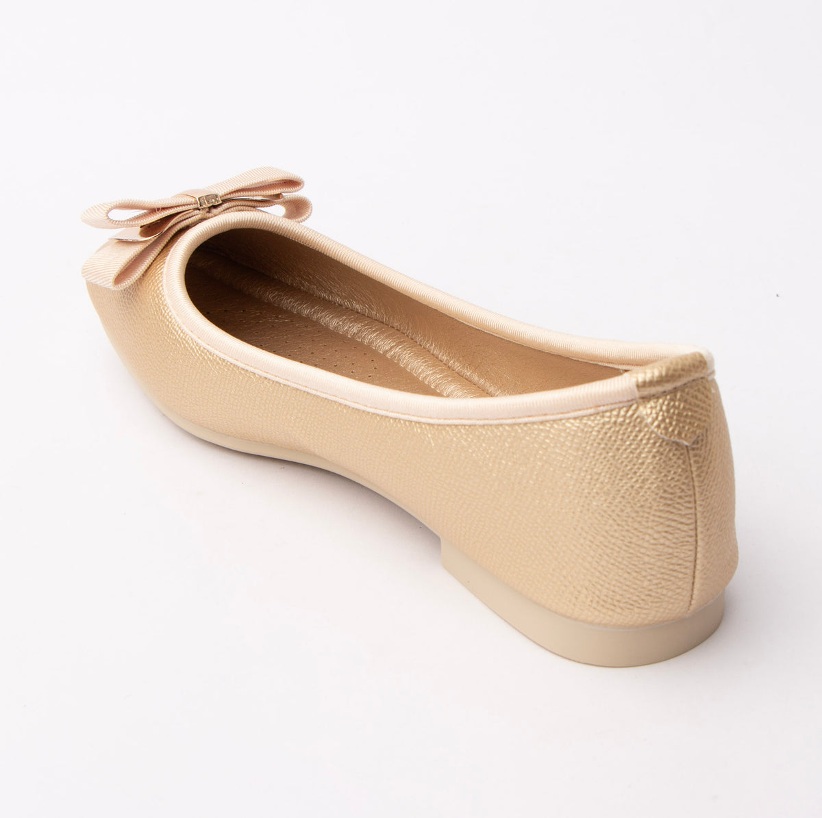Gold bow ballerina flats for women, back view showing the heel counter