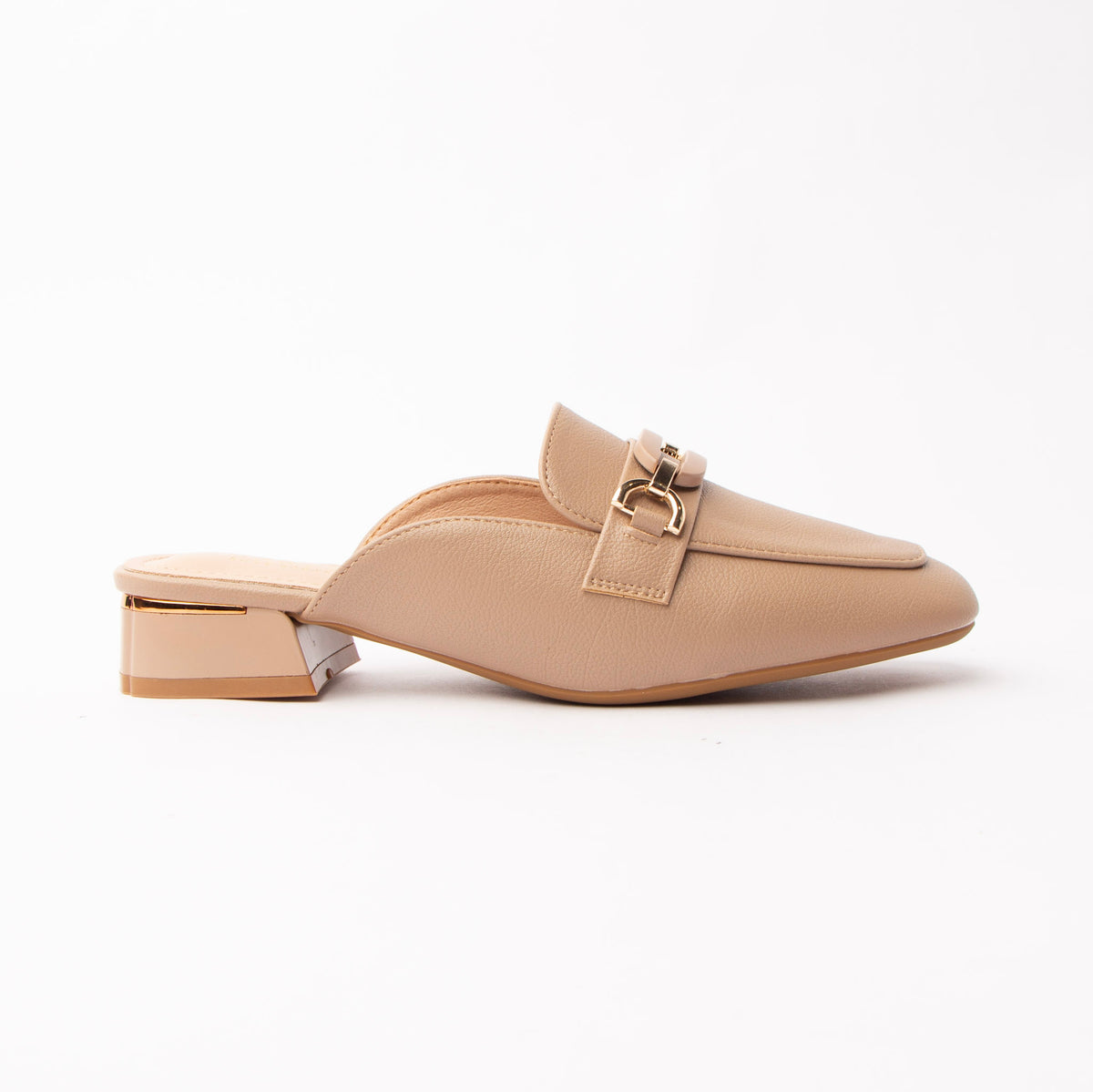 Khaki horsebit loafer mules for women, a warm sand-beige pebble-grain loafer mule with a polished gold horsebit link across the vamp, a moccasin apron seam round the square toe and a low block heel banded in gold above a nude padded footbed