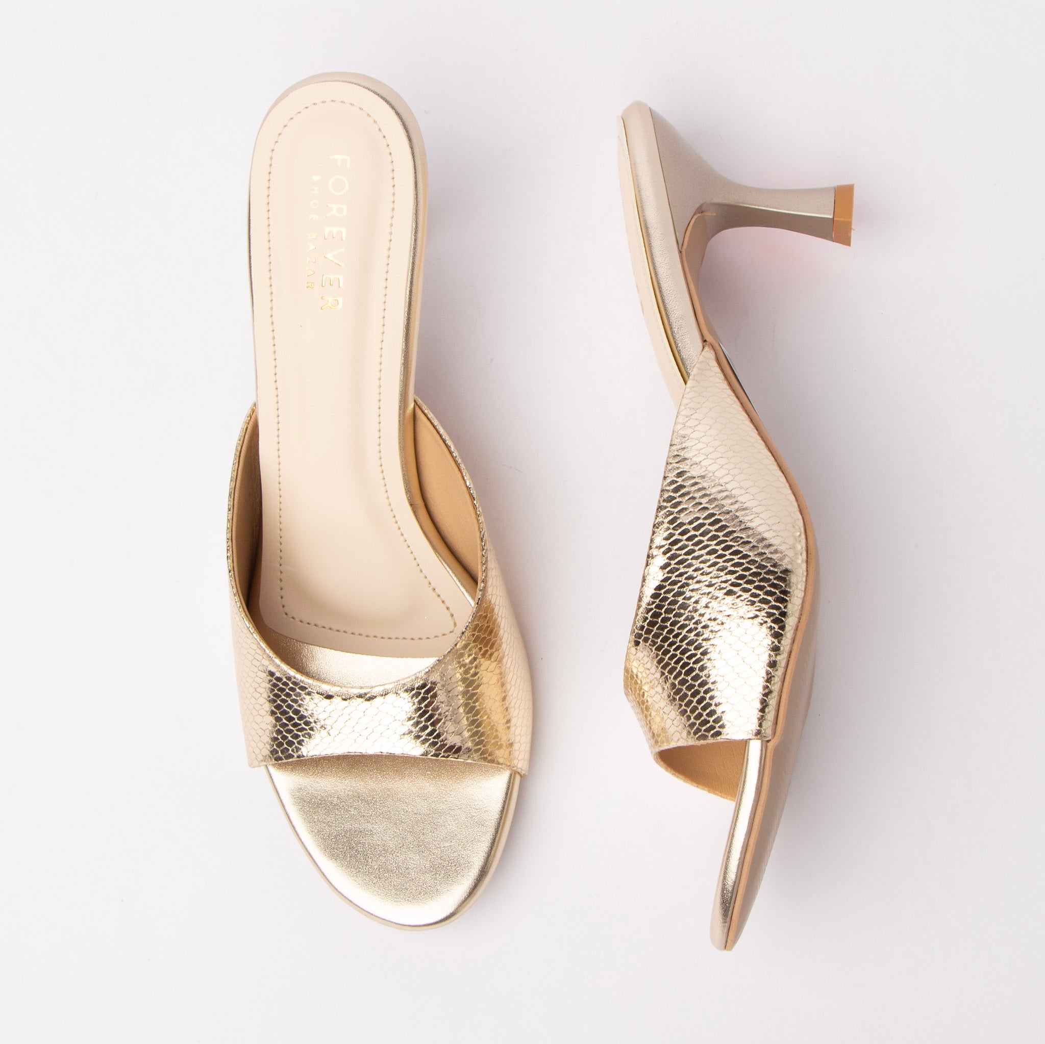 Gold snake print kitten heel mules for women – Forever Shoe Bazar