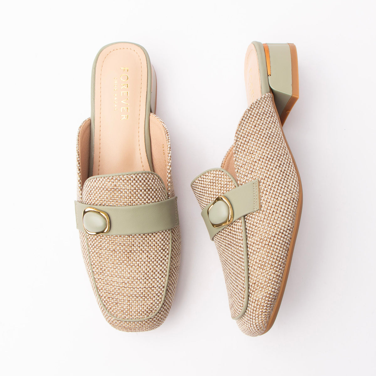 Green woven loafer mules for women with a cushioned footbed