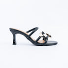 Black slim heel mules for women with cushioned footbed, side view