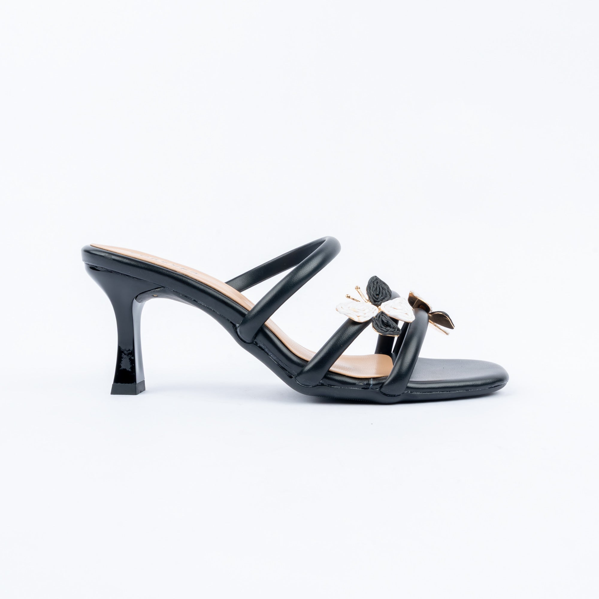 Black slim heel mules for women with cushioned footbed, side view