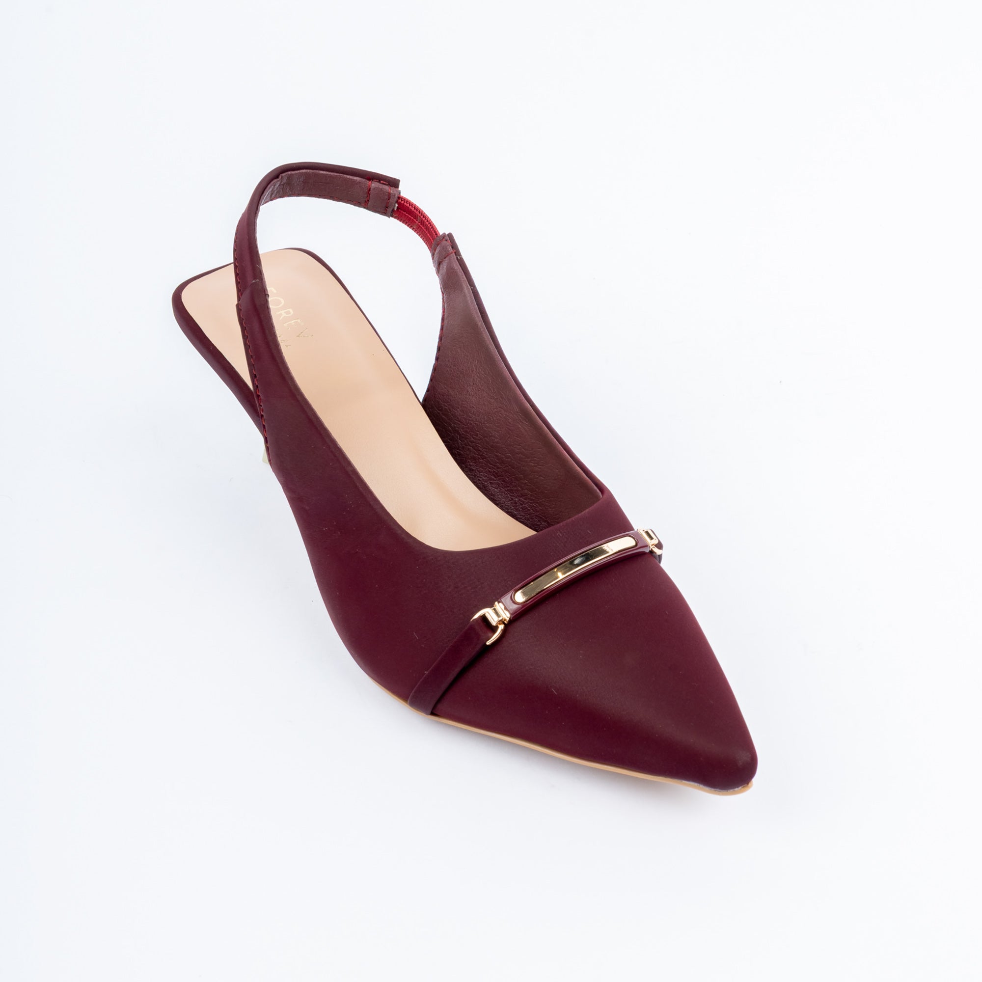 Maroon pumps for women with cushioned footbed, side view