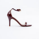 Maroon stiletto heel sandals for women with cushioned footbed, side view